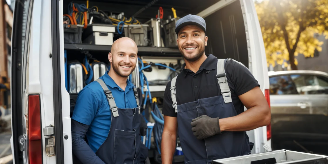Portrait of a Team of Plumbers and Electricians Carrying Tools Outside
